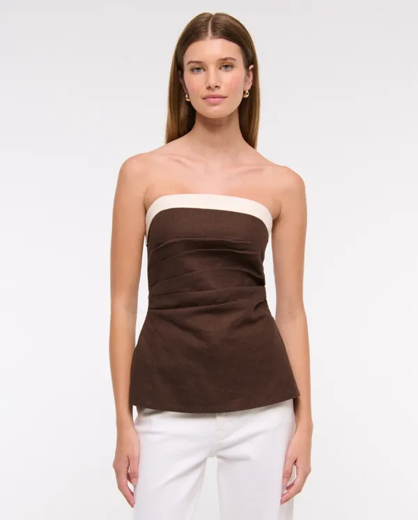 Abercrombie and Fitch AnF Dark Brown White Beige Linen Blend Tube Top Blouse - Image 3