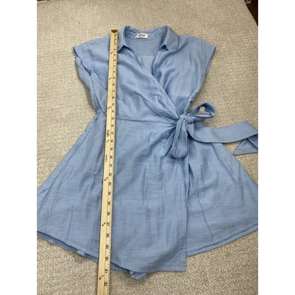 Lilyful Blue Solid Wrap V-Neck Tie Waist Lined Cap Sleeve Romper S Rayon - Image 10