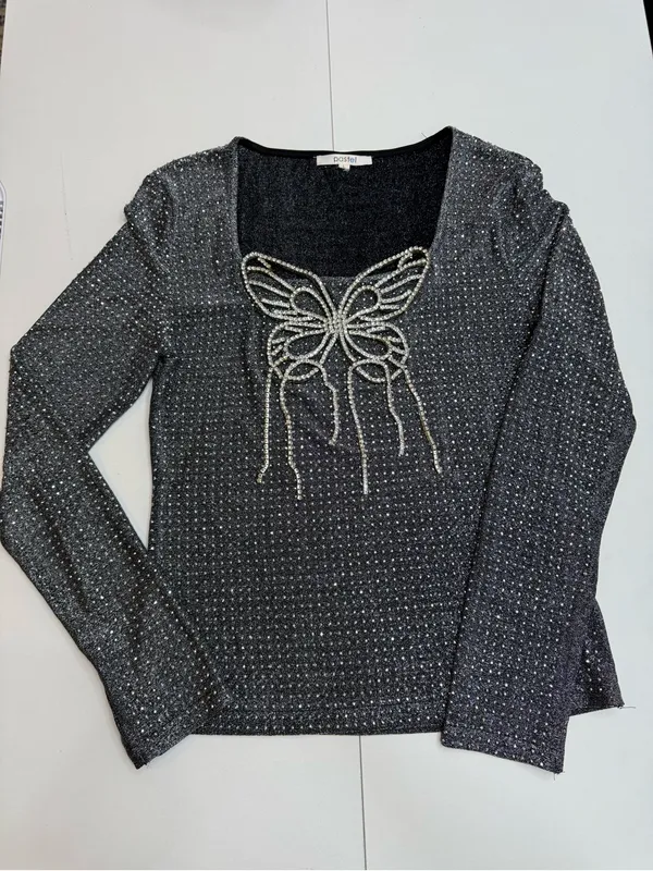 Pastel Rhinestone Butterfly Glitter Long Sleeve Evening Top size L - Image 6
