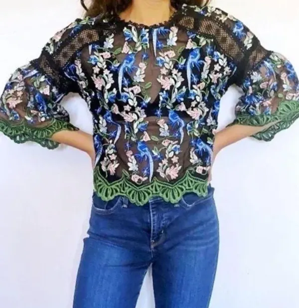 Topshop Floral Peacock Embroidered Crochet Top - Image 3