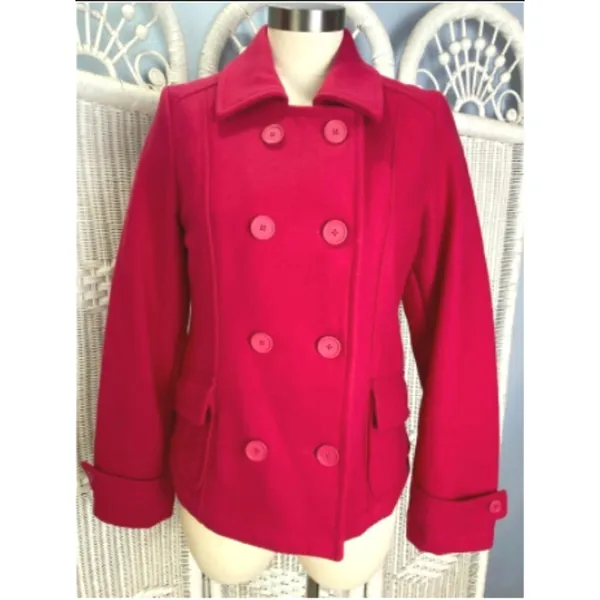 Vintage 90s Old Navy Bright Pink Wool Blend Peacoat Women's S Double Breasted - Image 2