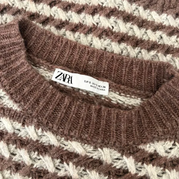 ZARA Wool Chunky Knit Oversized Sweater Brown Grey Stripes‎ Pullover Knit Small - Image 12