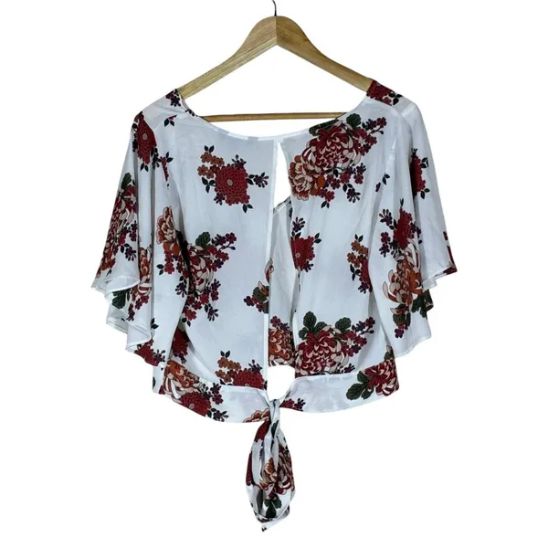 Express Floral Flutter Sleeve Tie Back Crop Top White Red Orange Size M - Image 4