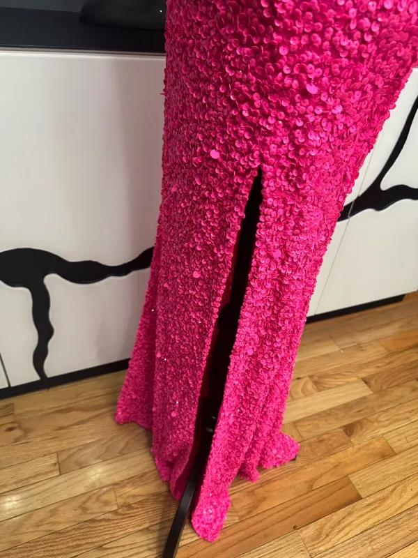 Sherri Hill 54330 Neon Pink Sequin One Shoulder Gown High Slit Women's Dress - Image 7