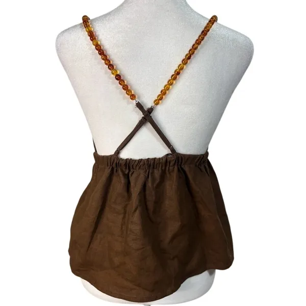 Rachel Zoe Cami Top Womens XS Brown NEW Beaded Strap Linen Blend Babydoll V-Neck - Image 2