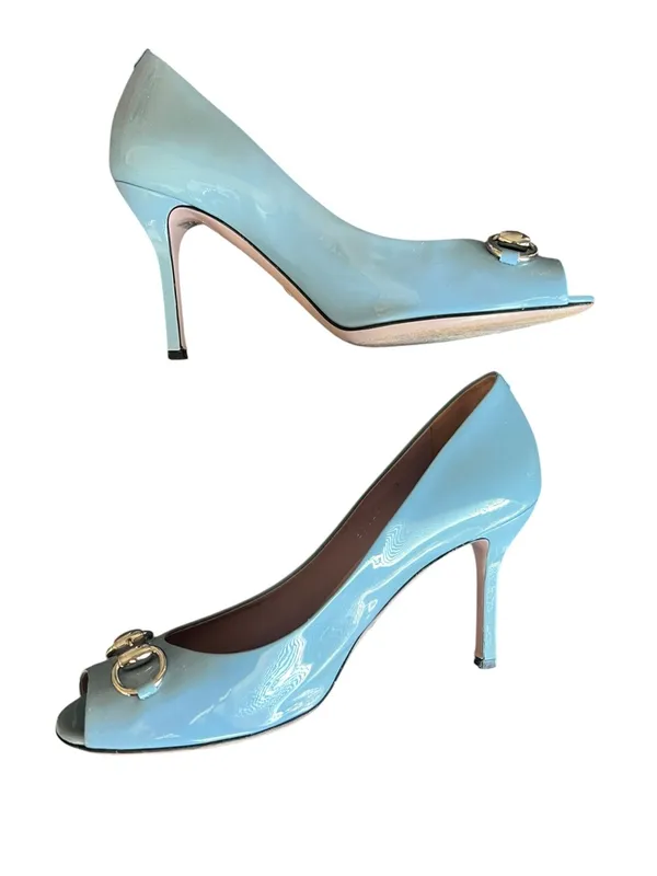 Gucci Women’s Silver Horsebit Light Blue Patent Leather Peep Toe Heels Size 39 - Image 6