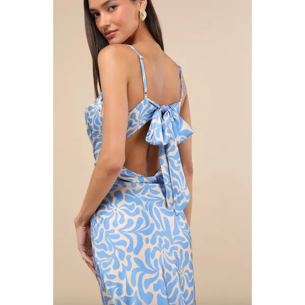 Lulus Midiana Light Blue Abstract Floral Tie Back Midi Dress Party Satin XS NWT - Image 4