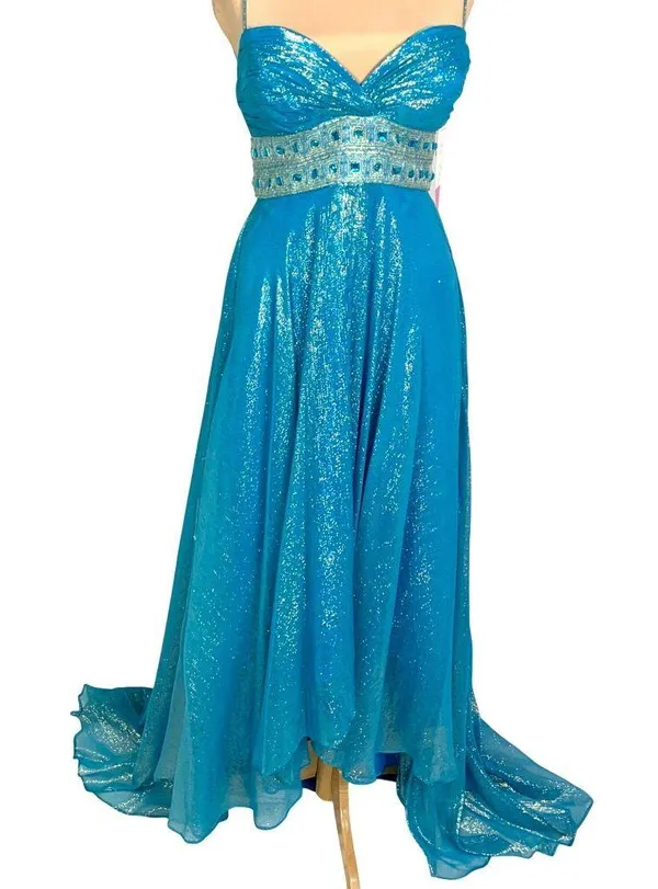 Dazzling Metallic Blue Silk Gown Flowy Prom 0 Hoco Glam Pageant Jeweled Hi-Low - Image 2