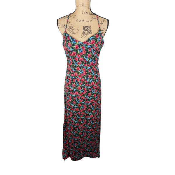 NastyGal Maxi Dress 2 Black Red Floral Open Cowl Back Side Slit‎ Dark Romance - Image 2