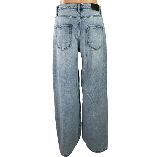 DKNY Women's Blue Light Wash Rhinestone High Rise Wide Leg Baggy Denim Jeans 28 - Image 3