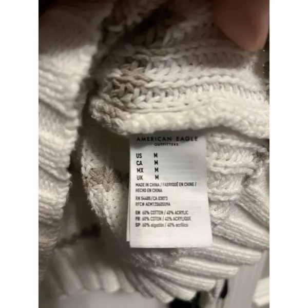 American Eagle White and Beige Striped Sweater Med but Oversized‎ w/large pocket - Image 3
