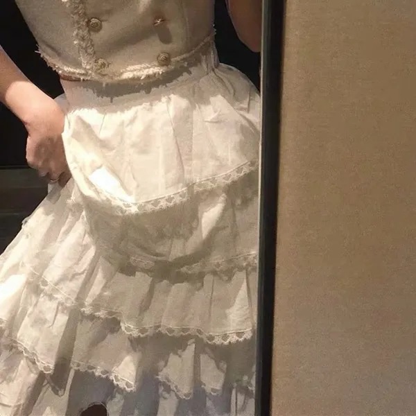 White Ivory Shabby Chic Japanese Tiered Lace Cotton Long Maxi Circle Skirt - Image 4