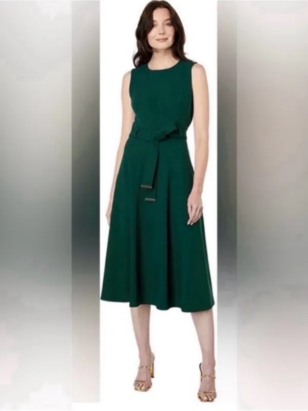 Calvin Klein NWT Sleeveless Belted Fit & Flare Midi Dress in Malachite Green - Image 4