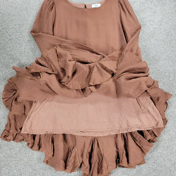Bluivy Swing Dress Youth Medium Brown Ruffle Trim Fit & Flare Mini Lined Flowy - Image 4