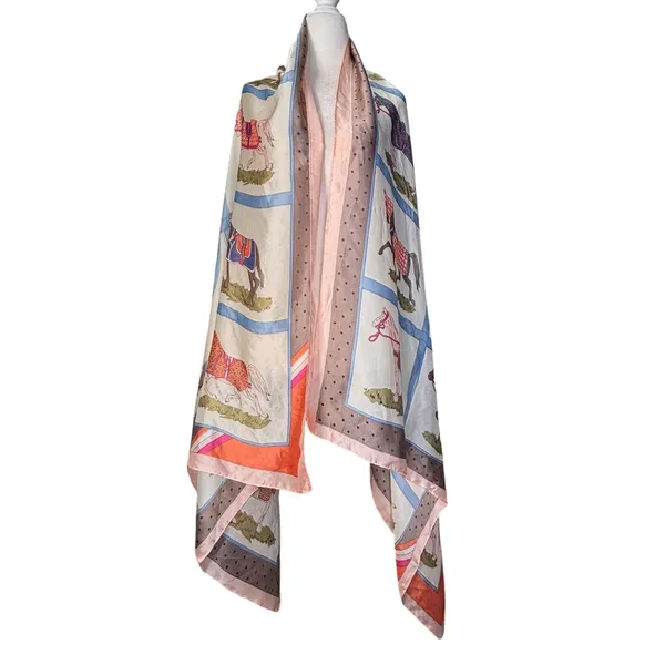Equestrian Horse Print Satin Scarf Wrap Shawl‎ 35x70 Peach Blue Dressage Riding - Image 4
