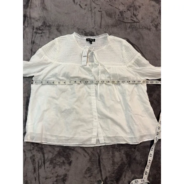 NWT J.Crew Smocked Cotton Popover top in cotton voile Blouse White Eyelet Trim M - Image 5