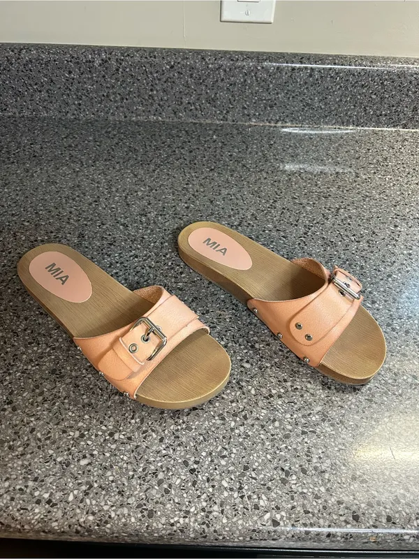 MIA Tan Slide Sandals with Buckle Detail - Image 2