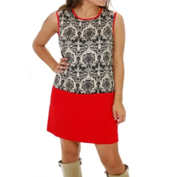 THML Shift Dress S Black Fleur De Lis‎ Red Colorblock Sleeveless Moulin Rouge - Image 3