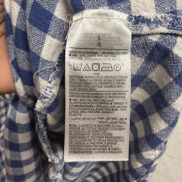 Old Navy L SL Tie Front Gingham Mini Dress Blue White Linen Blend Summer Picnic - Image 7