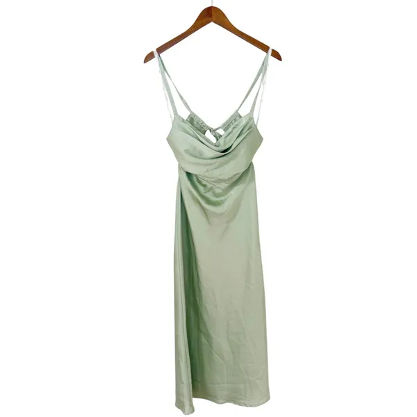 Lulus Stun to Remember Sage Green Satin Cowl Neck Cutout Midi Dress size S NWT - Image 3