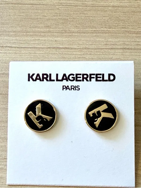 Karl Lagerfeld Black and Gold MK Round Logo Stud Earrings - Image 3