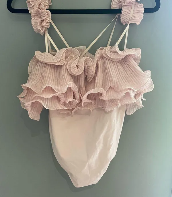 Free People For The Frill of It Bodysuit | Ruffle Pink Romantic Top Size M - Image 4