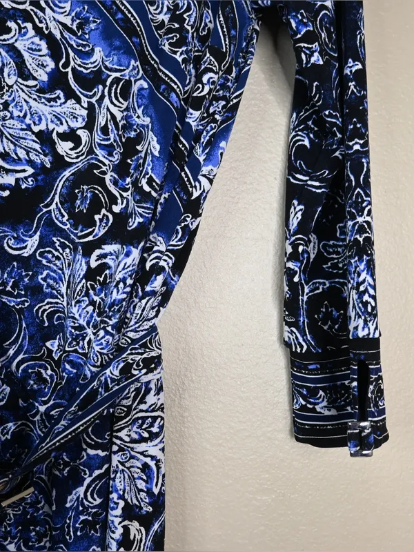 WHBM Women's XS Blue Black Blouson Patterned Keyhole Belted Mini Dress - Image 7