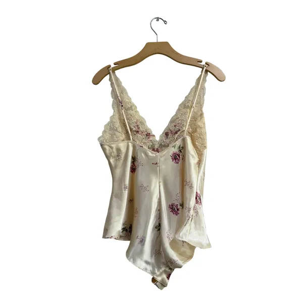 Vintage Victorias Secret Floral Satin Lace Bodysuit Cream Pink Medium - Image 2