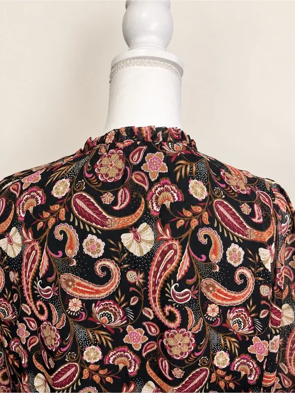 LOFT Paisley Ruffle Neck Long Sleeve Blouse Black Pink Boho Women’s Small - Image 7