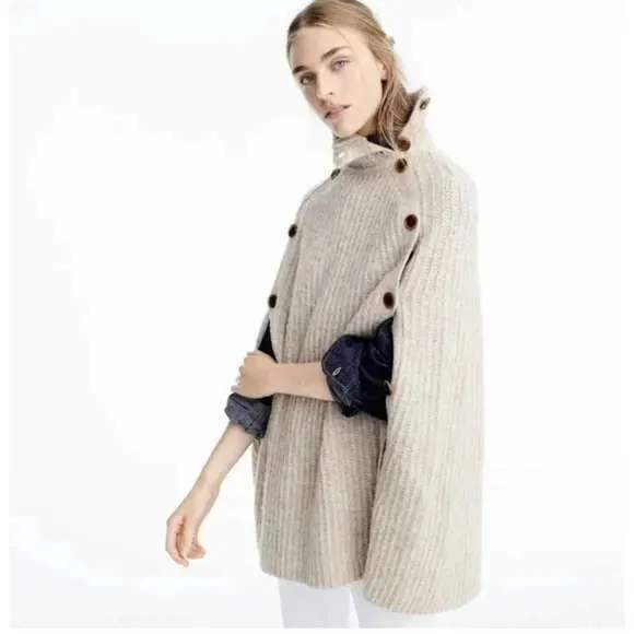 J. Crew NWT Ribbed Turtleneck Button Side Poncho Sweater Oatmeal‎ H3638 S/M - Image 3