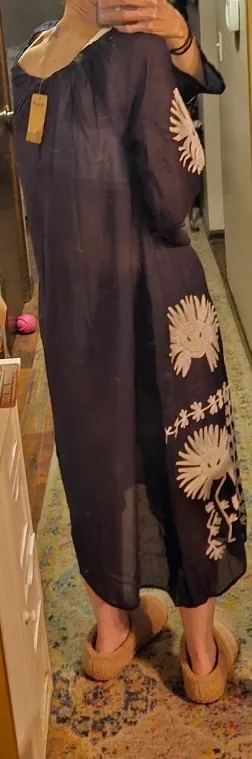 Rhea Blue White Embroidered Floral Knee Length Cotton Dress 3/4 Sleeve L - Image 3