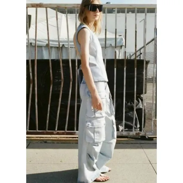 Zara Women Light Wash Multi Pocket Cargo Wide Leg Denim Jeans High Rise SIZE 4 - Image 3