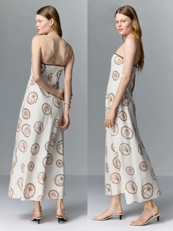 Kivari • Anthropologie Ciao Strapless Maxi Dress white linen print rickrack - Image 9
