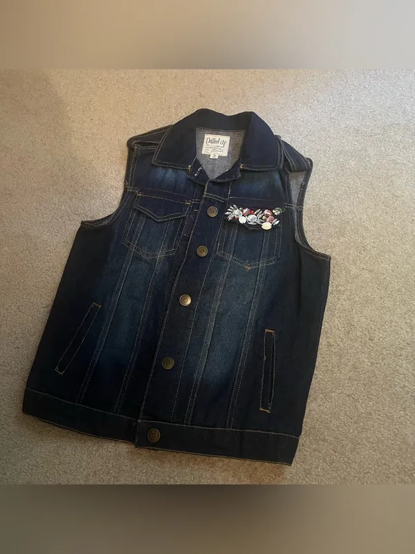 Dolled Up Vintage Women’s Dark-wash Denim Vest with Beaded Embellished Pocket - Image 4