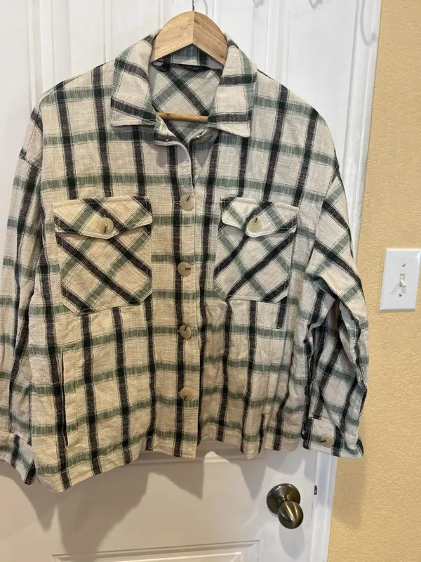 Zara oversized shacket jacket plaid beige black white S Button Up - Image 3