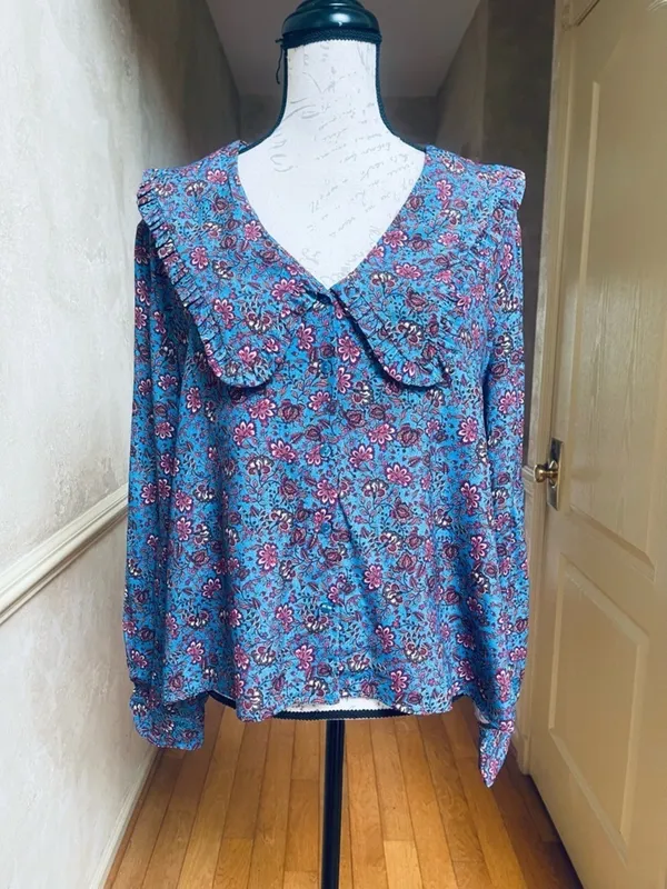 Mango NWT Floral Ruffle Peter Pan Collar Blouse 10 EcoVero Sustainable Boho Blue - Image 3