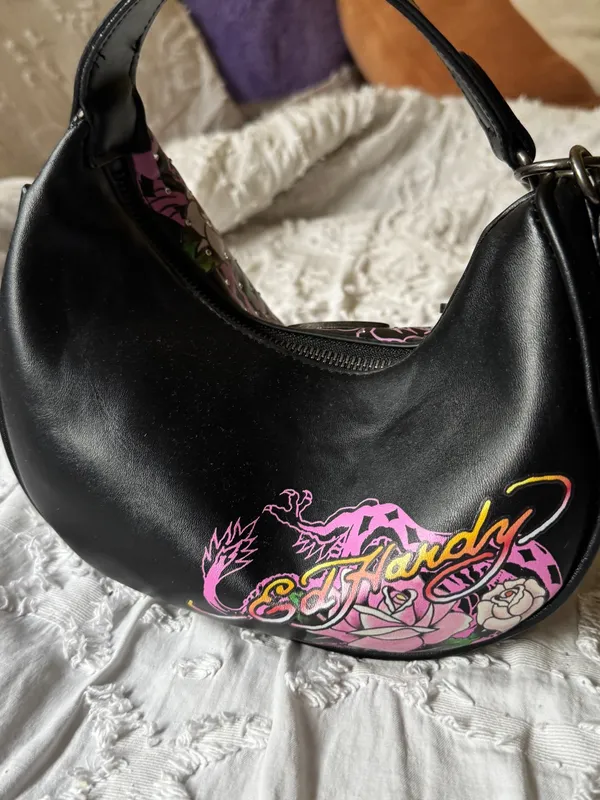Ed Hardy Black & Pink Skull Rose Hobo Bag - Image 8