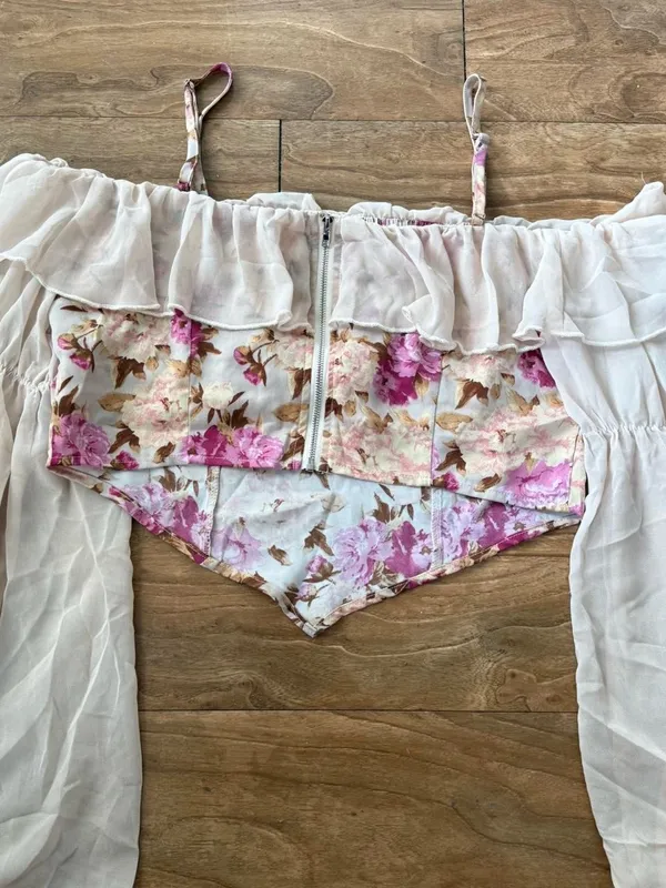 Floral Pink Off-Shoulder Crop Top with Sheer Bell Sleeves - Image 3