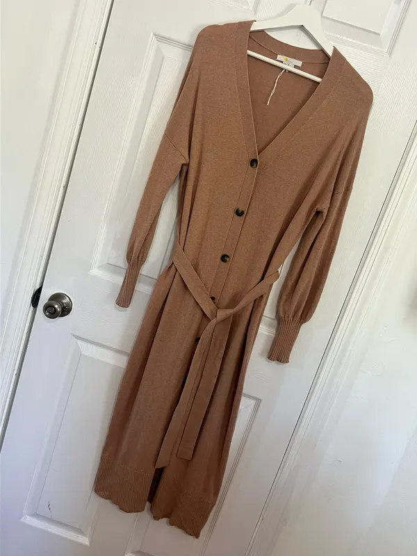 Boden Knit Midi Dress Brown Belted Button Front V Neck Minimalist Classic Size 8 | $190 | NWOT - Image 2