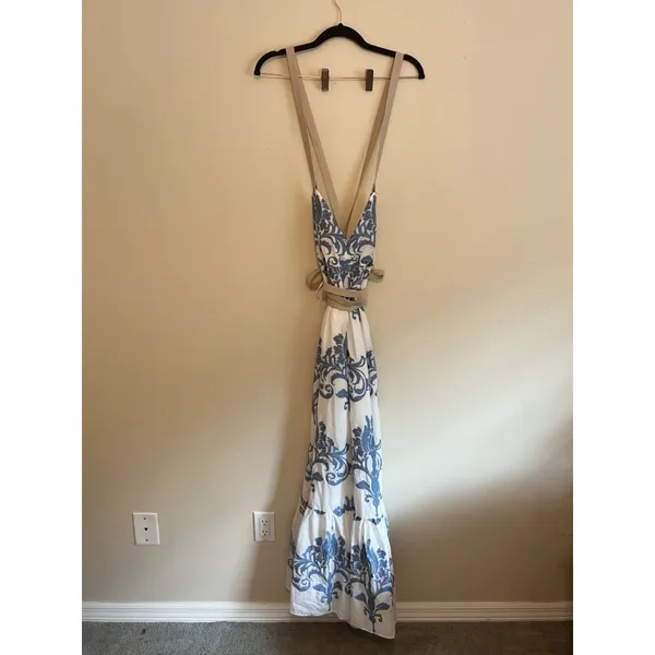 A Loves A Coastal Wrap Corset Dress Womens Size L Blue White Embroidered‎ Floral - Image 5