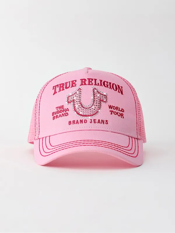 True Religion Pink Rhinestone Embroidered Logo Trucker Hat - Image 2