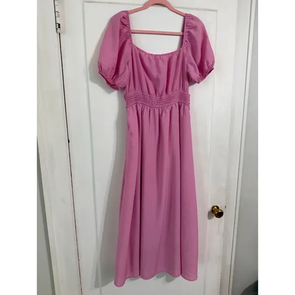 Blu Pepper Pink Puff Sleeve Bow Waist Midi Dress Sweetheart Neckline Large - Image 3