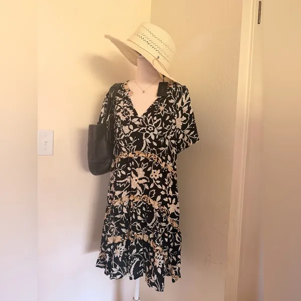 Anthropologie Black Floral Mini Dress with Beige Trim - Image 11