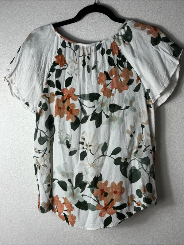 Lovestitch Floral Tie Neck Button Front Blouse Flutter Sleeve L - Image 5