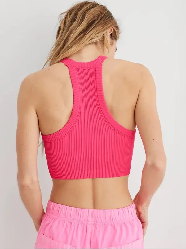 Aerie NEW! Superchill Seamless High Neck Bra Top Pink Ribbed - Image 6
