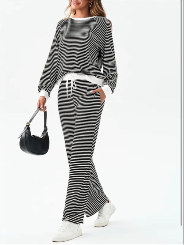 NEW Tankaneo 2 Pc Set Striped Long Sleeve Sweatshirt & Pants M - Image 7