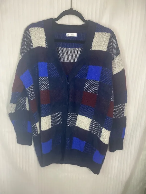 Janice Apparel Womens Cardigan Sweater Blue Plaid Button Front Fuzzy Knit XL XXL - Image 2