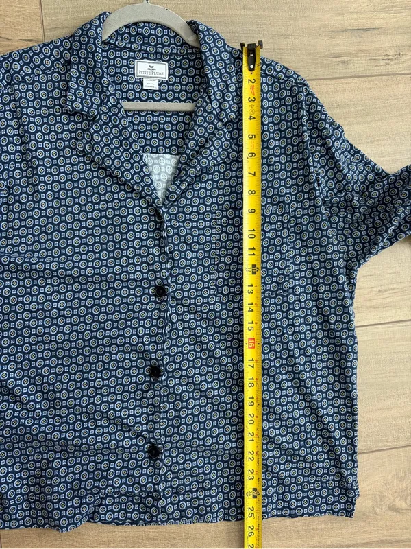 Petite Plume Navy Yellow Pima Cotton Button Down Wide Sleeve Pajama Top L - Image 6