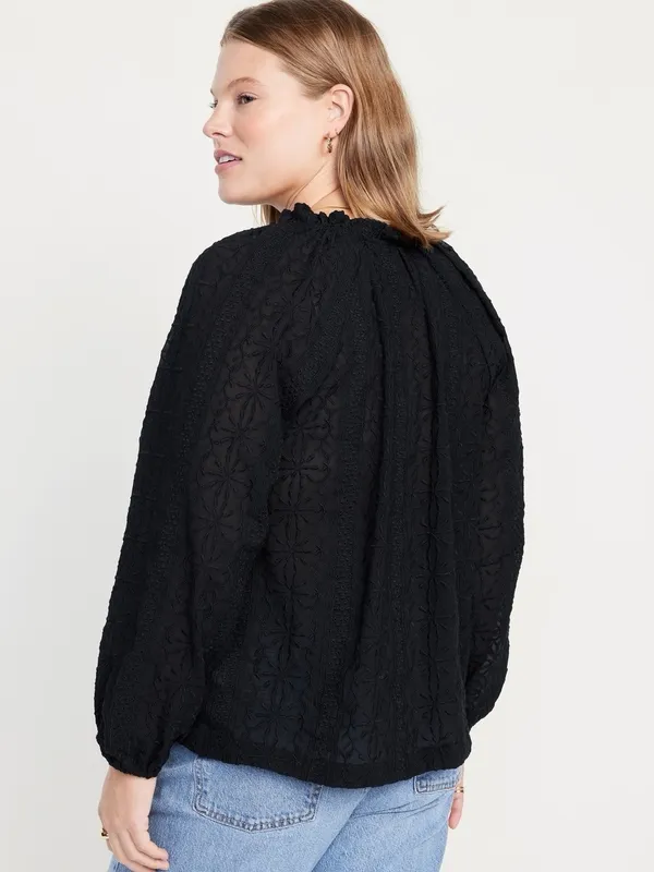 Old Navy Ruffle Trim Split Neck Top in Black - Size: Medium - Image 3