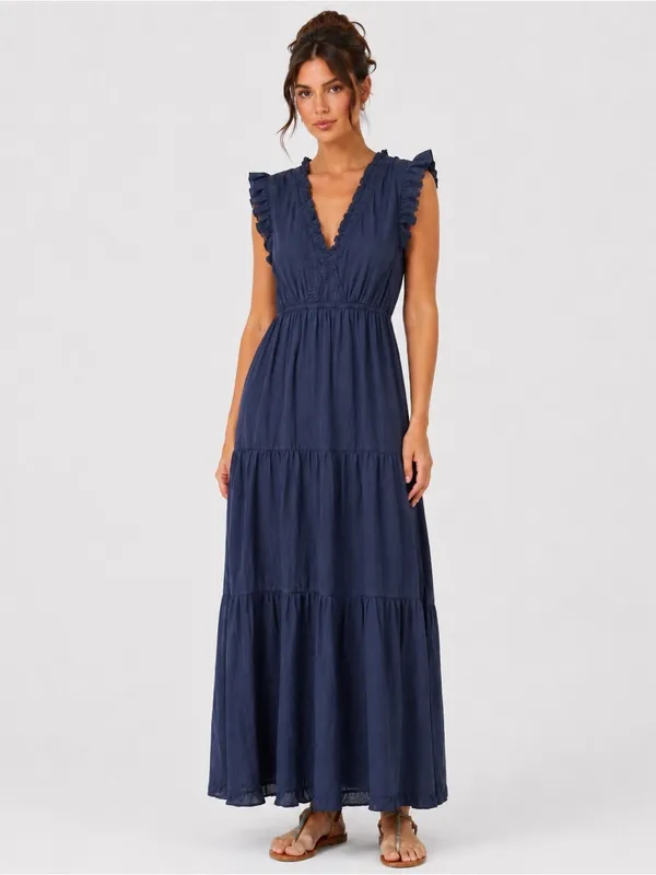 STARK X Navy Blue Cotton Ruffle Tiered Maxi Dress Boho Prairie Cottagecore L - Image 4